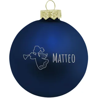 Deitert Weihnachtskugel mit Wunschtext Gravur, Ø 8cm, personalisierte Christbaumkugel aus Glas (matt), Individueller Weihnachtsbaumschmuck Namen oder Spruch, Engel-Motiv, Blau