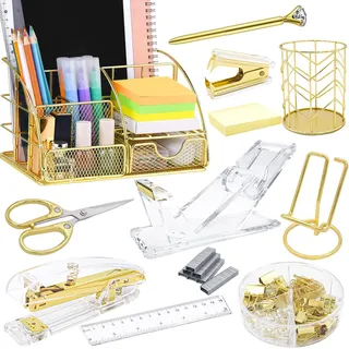 FERXIDI Goldener Schreibtisch-Organizer und Zubehör, Bürobedarf für den Schreibtisch, 13 PS Set mit Acryl-Hefter, Klebebandspender, Heftklammerentferner, Stifthalter, Clips, Schere, Handyhalter, Stift