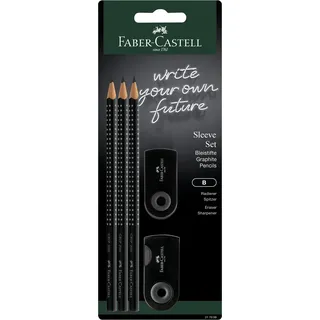 Faber-Castell 217086 - Bleistifte Set Sleeve, mit Spitzer, Radiergummi und 3 Bleistiften, Schreibset Grip 2001 schwarz