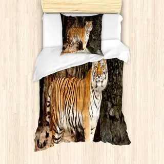 ABAKUHAUS Tiger Mantele, Alert Wütend Königlichen Feline, Milbensicher Allergiker geeignet mit Kissenbezügen, 135 cm x 200 cm - 80 x 80 cm, Mehrfarbig
