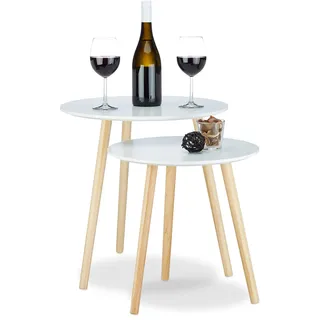 Relaxdays Beistelltisch 2er Set skandinavisch, 70er Design, Nachttische, Satztische, Durchmesser 39 und 47,5 cm, weiß, 47.5 x 47.5 x 47 cm