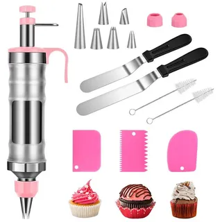 TAKUZA Garnierspritze Edelstahl 14-Teiliges Set, Tortenspritze Garnierspritze Profi Edelstahl, zum Dekorieren von Kuchen mit 6 Tüllen, mit Transparentem Behälter, für Cupcakes, Gebäck(Rosa)