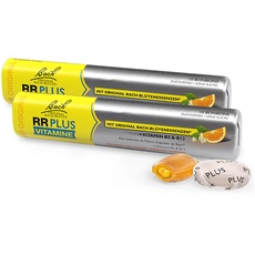 Rescura Plus Vitamine Bonbons, 2x 42g (ehemals Rescue), ohne Alkohol, Natürlich, Vegan, Altbewährtes Mittel, zuckerfreie Bonbons mit B5 + B12, Orange-Holunder, Bach-Blütenessenzen