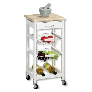 Kesper Küchenwagen auf Rollen, mit Schubladen, weiß, Servierwagen für Besteck, Obst, Gemüse u. Getränke mit Dekorplatte Sonoma Eiche, Maße (L x B x H): 36 x 36 x 77 cm