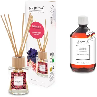 pajoma® Raumduft Grapefruit-Cassis 100 ml + Nachfüller 500 ml | Komplett-Set mit Rattanstäbchen | Langanhaltender Diffuser, Premium Qualität