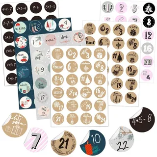 Adventskalender Zahlen Aufkleber 6x24 Stickers Weihnachten DIY Bastelmaterial