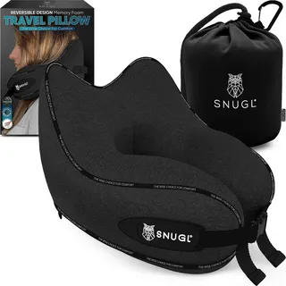 SNUGL Nackenkissen Memory Foam Waschbar & Verstellbar | Kuscheliges Nacken Reisekissen Für Flugzeug, Auto & Unterwegs | Reise-Kissen Nackenhörnchen, Neck Travel Pillow (Schwarz, Erwachsener Normal)