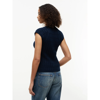 Strickweste TOMMY HILFIGER "MID GG CABLE VEST CARDI", Damen, Gr. S (36/38), blau (schwarz night navy), Strick, Obermaterial: 100% Baumwolle, unifarben, regular fit normal, V-Ausschnitt, Westen Strickweste, Baumwolle, mit Zopfstrickmuster