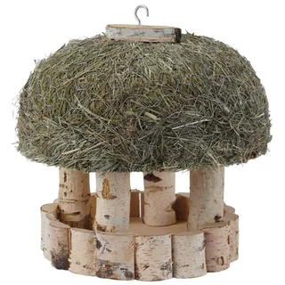 Dehner Natura Premium Wildvogel Futterhaus Stuttgart, Futterstation für Wildvögel mit Heudach, Vogelhaus hochwertig / hängend, inkl. Haken zum Aufhängen, ca. Ø29 cm, Birkenholz / Heu, natur