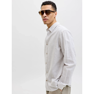 Langarmhemd JACK & JONES "JJESUMMER LINEN BLEND SHIRT L/S SN 2PKMP", Herren, Gr. L, N-Gr, crockery pack:with infinity stripes, Web, Obermaterial: 80% Baumwolle, 20% Leinen, unifarben, Hemden Langarmhemd