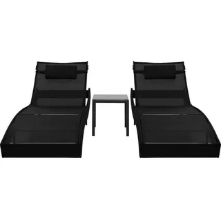 vidaXL Sonnenliegen 2 Stk. mit Tisch Poly Rattan und Textilene Schwarz - Schwarz