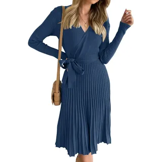 ZESICA Damenkleid, Langarm, Wickelkleid, V-Ausschnitt, Rippstrick, Plissee, A-Linie, Pulloverkleid mit Gürtel, für den Herbst