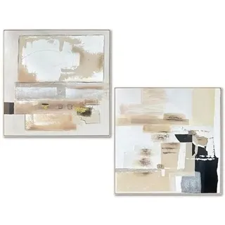 DRW Abstraktes Leinwandbild mit Naturholzrahmen in Natur, Weiß, Beige und Schwarz, 102 x 102 x 4,5 cm