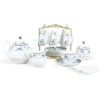 fanquare 21 Stück Porzellan Teeservice für Frau, Blau Blumen Muster Kaffeeservice, Vintage Tee Sets mit Kaffeetassen und Untertasse für 6 Personen