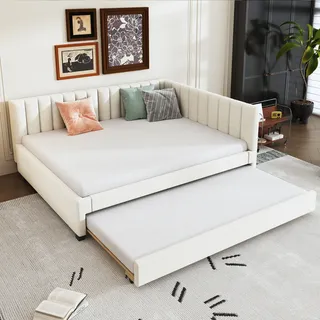STILVORA Schlafsofa 140x200 Tagesbett mit Ausziehbarem Unterbett,Jugendbett aus Samtstoff mit Lattenrost,Vertikal gestreifte Rückenlehne,mit Matratze,Grau - Beige