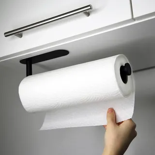 Küchenrollenhalter ohne Bohren VonBueren | Farbe: schwarz | Rollenhalter Montage unter dem Schrank oder an der Wand | Halter für Küchenrolle