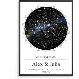 Tigerlino Personalisierte Sternenkarte Poster – Sternenhimmel mit Datum & Ort Koordinaten – Wo alles begann Geschenk für Paare, Hochzeit, Jahrestag, Liebe Sternbilder Astronomie Hochzeitstag
