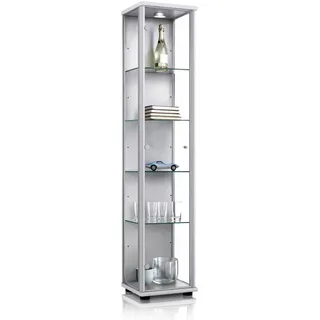 K-Möbel Glasvitrine 33/37/176 cm mit LED & 4 höhenverstellbaren Glasböden , Silberfarben , Holzwerkstoff , Rechteckig , 37x176x33 cm , Esszimmer, Vitrinen, Vitrinenschränke
