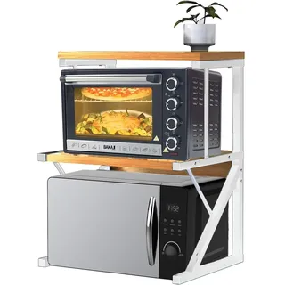 Shally Dogan Platzsparendes Regal für Mikrowelle aus Stahl, Küchenregal mit Gewürzregal, Regaleinheit 2 Fächer, rutschfeste Füße, modernes Design (Beige + Weiß)