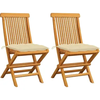 Gartenstühle mit Cremeweißen Kissen 2 Stk. Massivholz Teak - Creme, Bunt
