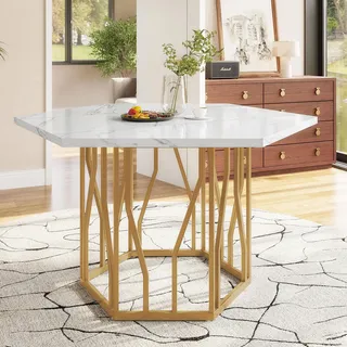 Sweiko Moderner sechseckiger Marmor-Esstisch, Metallzweiggestell, schlichter ästhetischer Couchtisch, geeignet für Esszimmer und Wohnzimmer, Goldene - Gold, Weiß
