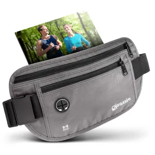 praxxim Die Bauchtasche zum Joggen - Perfekt sitzende Lauftasche - Bauchtasche Damen & Herren - Gürteltasche - Laufgürtel für Jogging und alle Handy Größen (grau)