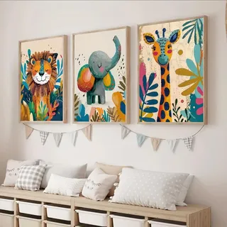 Xiyocadt 3er Kinderzimmer Poster Set, Elefant, Löwe, Giraffe Kinderkunst Bilder Set, Wandbilder Deko Junge Mädchen Babyzimmer Kinderbilder, Ohne Rahmen (40x50cm)