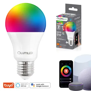LUMILED Smart SAYO A60 LED Lampe E27 9W (60W) 900lm WLAN Dimmbar Mehrfarbig RGBW Wifi Glühbirne Timer Smart home 16 Mio. Farben App Steuerung kompatibel mit Amazon Alexa Google Assistant Tuya