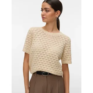Stricktop VERO MODA "VMJAQUELINE SS O-NECK TOP BOO", Damen, Gr. XS, birch, Obermaterial: 60% Baumwolle, 40% Polyacryl, unifarben, regular fit normal, Rundhals, Tops Stricktop, mit zartem Muster, Topseller