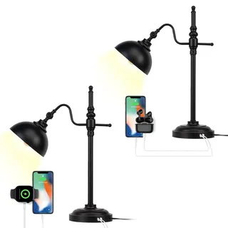 JCPYIUL Schwarze Metall Tischlampe Industrial Style mit USB-Anschluss, Retro Schreibtischlampe Rund für Wohnzimmer, Schlafzimmer, Büro (Doppelpack)