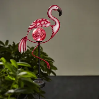 LED Solar Gartenstecker Flamingo - rote LED in Glaskugel - H: 80cm - Dämmerungssensor - pink