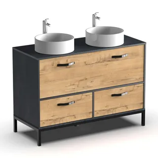 Muebles Pitarch | Doppelwaschtischmöbel, Breite 120 cm, industriell, Schwarz und Goldeneiche, mit Beinstruktur, 2 Schubladen und 1 Tür, für Aufsatzwaschbecken, Modell Sena