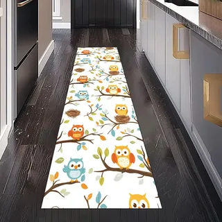 Gaqinhh Karikatur Bunt Eule Teppich Läufer für Schlafzimmer Wohnzimmer, Dschungel Filialen Blätter Teppichläufer Waschbar rutschfest für Küche Flur Eingangsbereich Bettumrandung Teppiche 60x240 cm