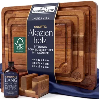 Deer & Oak 3-teiliges Akazien-Schneidebrett-Set mit Ständer, inklusive 250 ml Schneidebrettöl, FSC-zertifizierte, vorgeölte Schneidebretter aus Holz für Küchen, Hartholz-Küchenschneidebretter für
