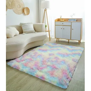 linyingdian waschbarer Teppich Wohnzimmer Schlafzimmer Langhaarteppich Rutschfester Flauschiger weicher moderner bunter Batikteppich (80 x 120 cm, Regenbogen)