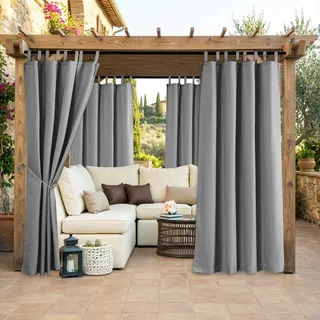 Clothink 2er Set Outdoor Vorhänge Wasserfest Sonnenschutz Winddicht mit Klettband Oben für Terrasse Garten Balkon Familienhaushalte einfache Montage farbecht haltbar(132x245cm, Grau)