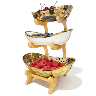 ANEELV Dreistöckiges Obstregal, Obstschale, Keramik, Bambusfuß. Moderne Obstschale für die Küche zum Präsentieren von Obst, Snacks und Gebäck. Gold