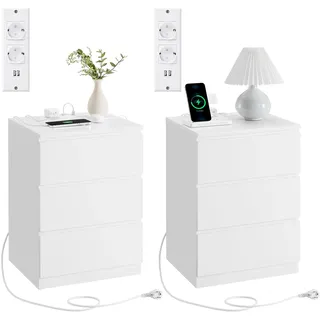VASAGLE Kailyn Kollektion - Nachttisch mit Steckdosenleiste, 2er Set, Beistelltisch, 3 Schubladen, 2 AC-Steckdosen, 2 USB-A-Anschlüsse, modern, wolkenweiß LET831W14