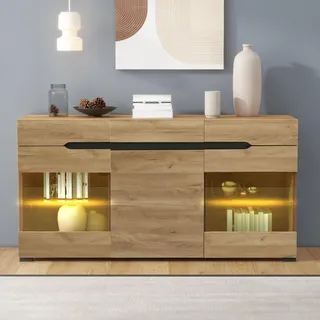 Merax Sideboard mit LED-Lichtstreifen, Moderne Kommode mit 3 Türen und 3 Schubladen, Anrichte mit Glasablage, Schwarz + Holz - Braun