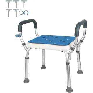 Duschhocker für Senioren Duschstuhl Höhenverstellbar Badhocker mit Armlehnen und Gepolstertem, Rutschfester Duschsitz Badsitz Aluminium Duschbank Duschhilfe für Senioren, Schwangere, Behinderte (A)