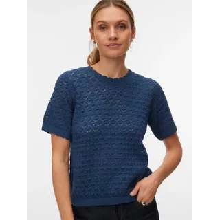 Stricktop VERO MODA "VMJAQUELINE SS O-NECK TOP BOO", Damen, Gr. XS, schwarz denim, Obermaterial: 60% Baumwolle, 40% Polyacryl, unifarben, regular fit normal, Rundhals, Tops Stricktop, mit zartem Muster