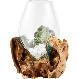 Ambia Home Vase , Braun, Klar, Transparent , Holz, Glas , Recyclingholz , Hartholz , 30 cm , Handmade in Indonesia , mundgeblasen, handgemacht, zum Stellen , Dekoration, Vasen, Glasvasen
