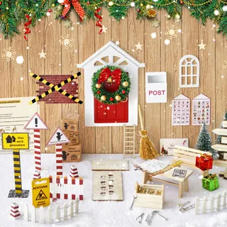 ROLLWAY 80 Stück Miniatur Wichtel Zubehör Baustelle Set, Weihnachten Wichteltür Zubehör Komplettset Weihnachtswichtel Zubehör Wichtelhaus Wichteltüren Komplett, Wichtelbaustellen Feentür Holz Tür