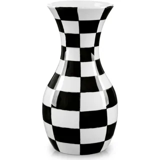 Hollyone Schwarz und Weiß Blumenvase, 27CM Keramikvase mit Breiter Öffnung und Blockmuster, Große Retro Chinoiserie Vase Deko, Vintage Vase für Blumen Tisch Centerpiece Wohnzimmer Dekoration