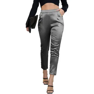 heipeiwa Damen-Satin-Hosenkleid, leger, plissiert, zum Überziehen, hohe Taille, Hose mit Taschen, Drape Grau, M