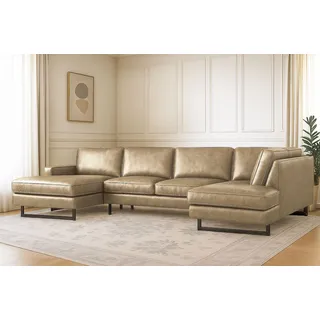 Home affaire Wohnlandschaft »Pinto, 350 cm, U-Form, XXL, mit Ottomanen« Cord, Chenille, Lederoptik, mit Keder, Metallfüße, Wellenunterfederung, beige