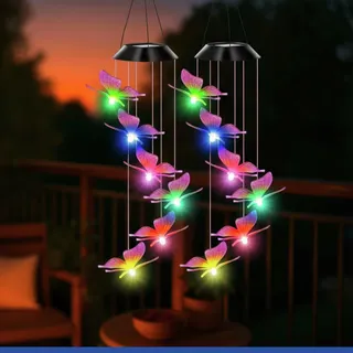 Maximex LED Windspiel Mod. Schmetterling Solar, 2er Set, wetterfestes, solarbetriebenes Garten-Windspiel, leuchtet im Dunkeln, mit Solar-Panel und Aufhängehaken, 12,5 x 78 x 12,5 cm, bunt