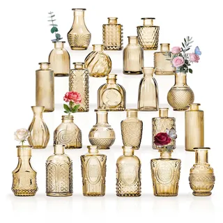 24 Mini Knospe Vase Glas Set als Hochzeit Mittelstücke für Tische, klare Vintage Vasen für Blumen, kleine Blumenvasen geeignet für tischdeko Geburtstag Party, Hochzeit, Baby-Dusche (24, Gold)