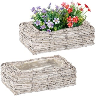 Relaxdays Blumentopf, 2er Set, Rattan, Pflanzentöpfe mit Folie, HxBxT: 8 x 27 x 17 cm, Pflanzkörbe für innen, weiß/Natur