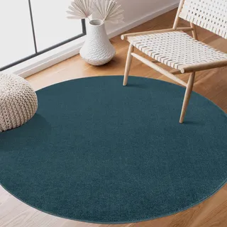 SANAT Kurzflor Teppich Wohnzimmer - Uni Modern Teppiche fürs Schlafzimmer, Arbeitszimmer, Büro, Flur, Kinderzimmer und Küche - Dunkelblau, 200 cm Rund